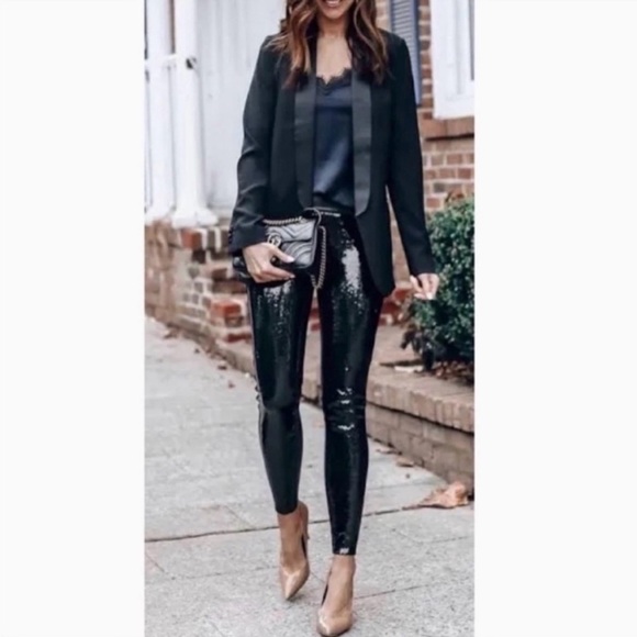 Spanx Sequin Faux Leather High Rise Leggings Women Med Black